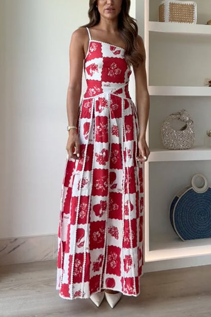 One Shoulder Ric Rac Trim Unique Print Maxi Cami Dress Red