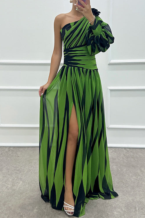 One Shoulder Waisted Slit Printed Maxi Dress