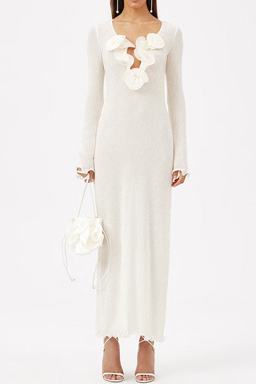 Long Sleeves Back Slit Floral Shirred Maxi Dress
