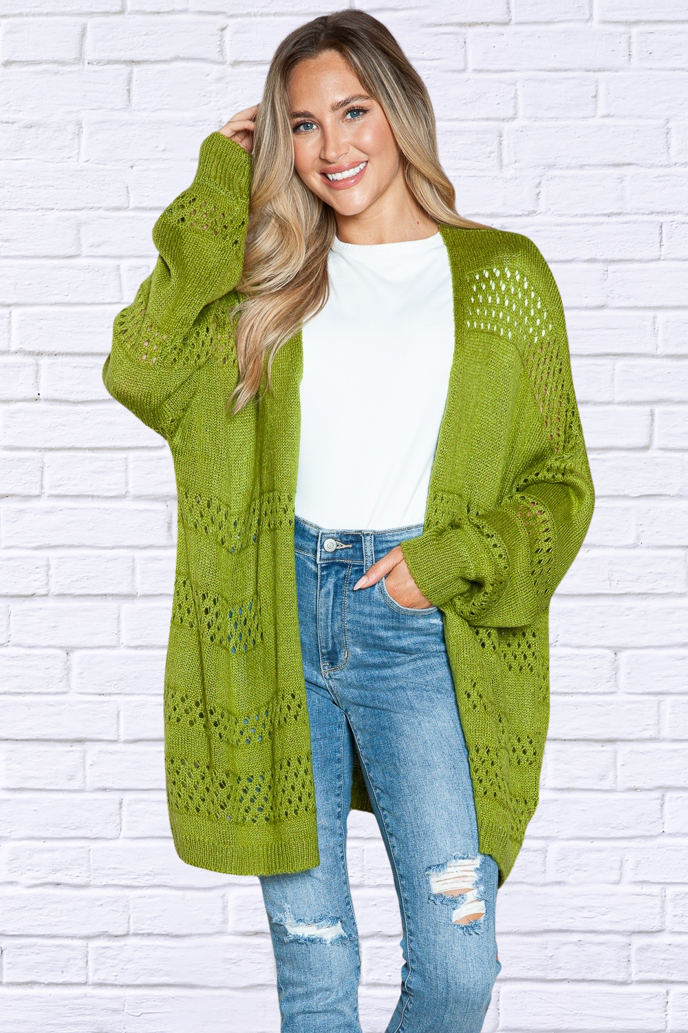 Kim Openwork Open Front Long Sleeve Cardigan Matcha Green