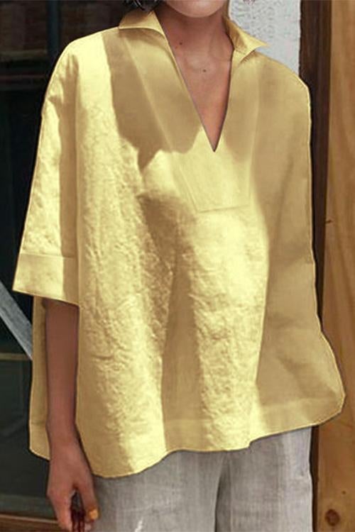 Lapel V Neck Half Sleeve Solid Cotton Linen Shirt Yellow