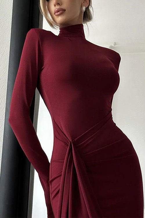 Turtleneck Ruched High Slit Maxi Party Dress