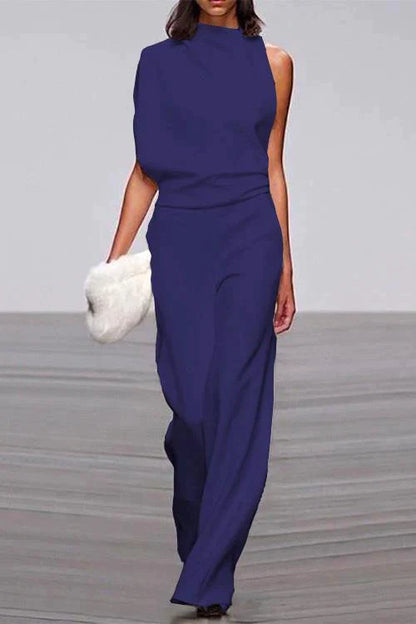 Cowl Neck One Shoulder Batwing Sleeve Party Suit DarkBlue