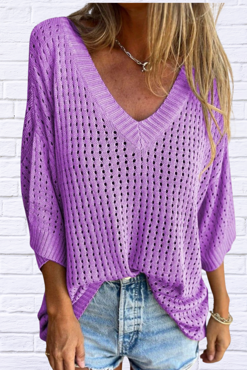 Full Size Openwork V-Neck Knit Cover Up Plus Size Heliotrope Purple