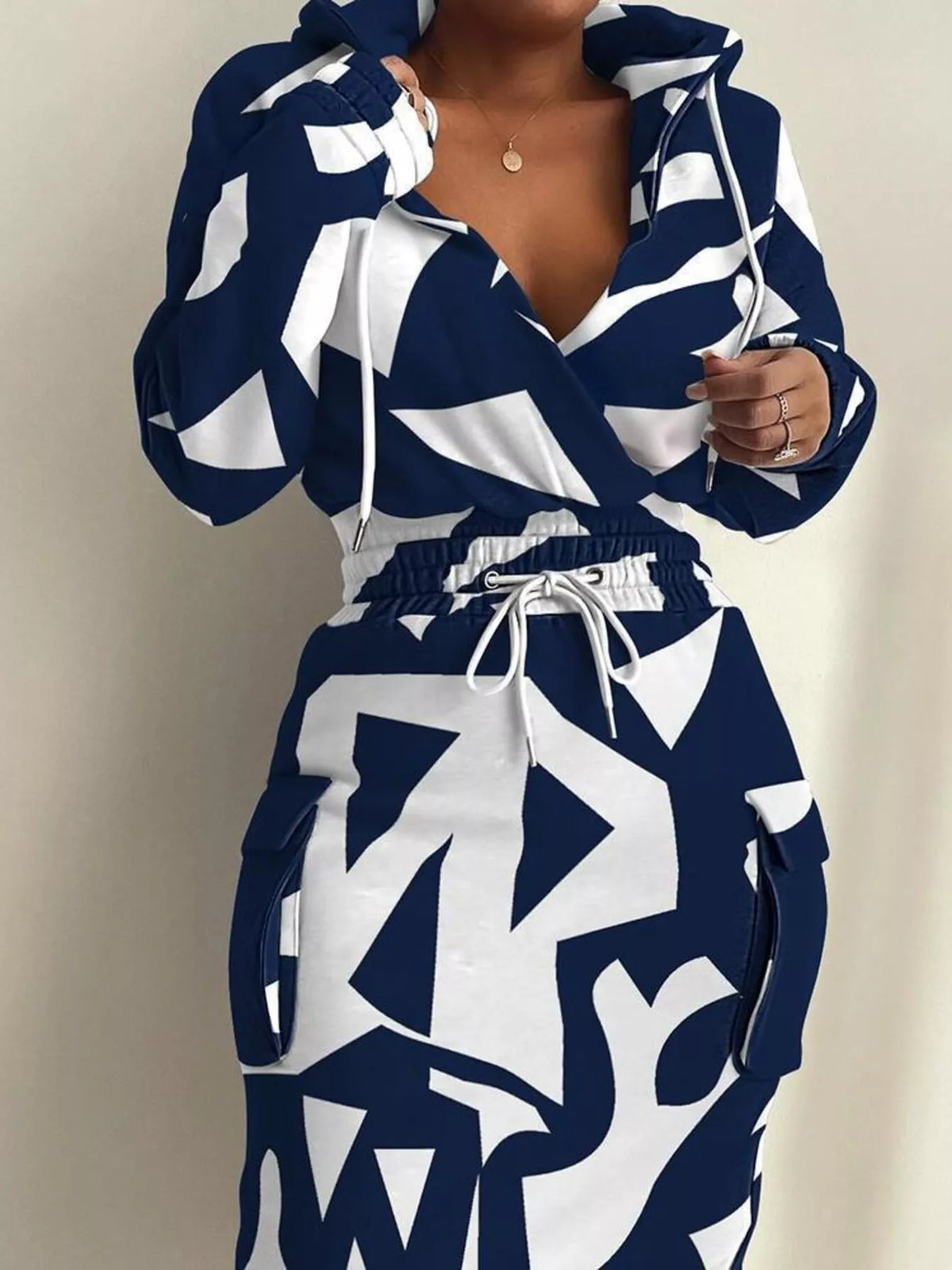 Full Size Drawstring Waist Surplice Printed Dress Plus Size