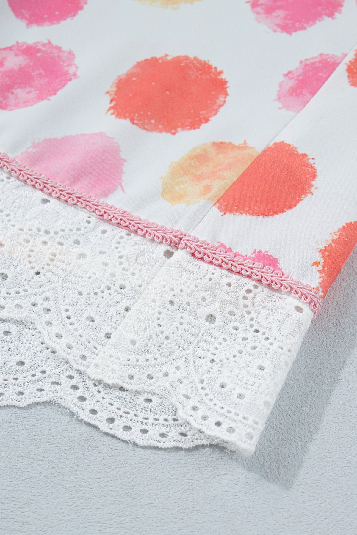 Pink Polka Dot Lace Trim Square Neck Puff Sleeve Blouse