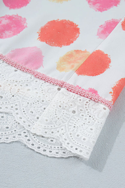 Pink Polka Dot Lace Trim Square Neck Puff Sleeve Blouse