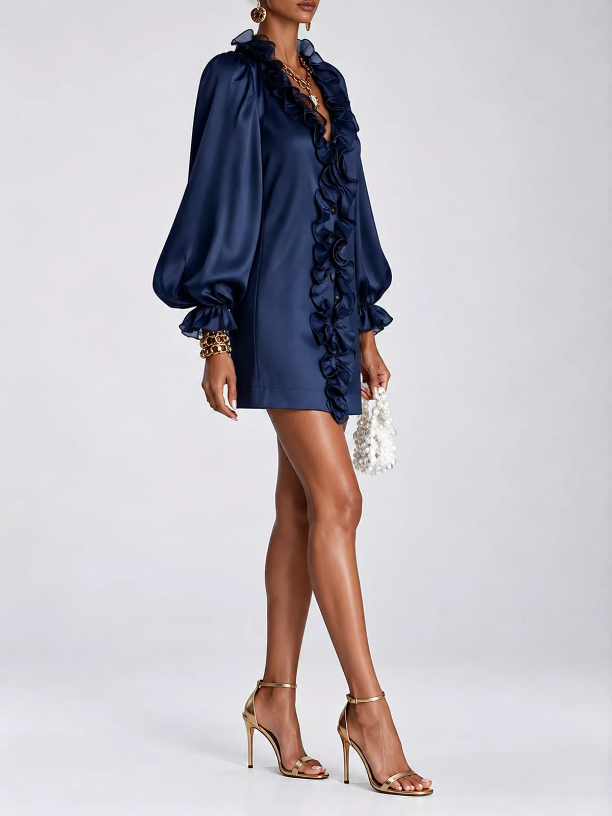 Ruffle Trim Puff Sleeve Mini Dress