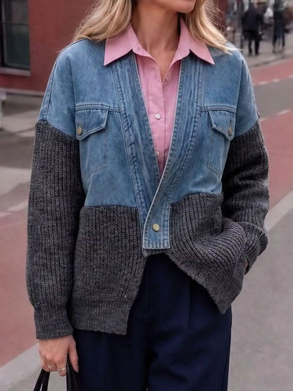 Contrast Denim and Knit Patchwork Cardigan