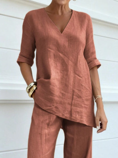 Full Size V-Neck Half Sleeve Top and Pants Set Plus Size