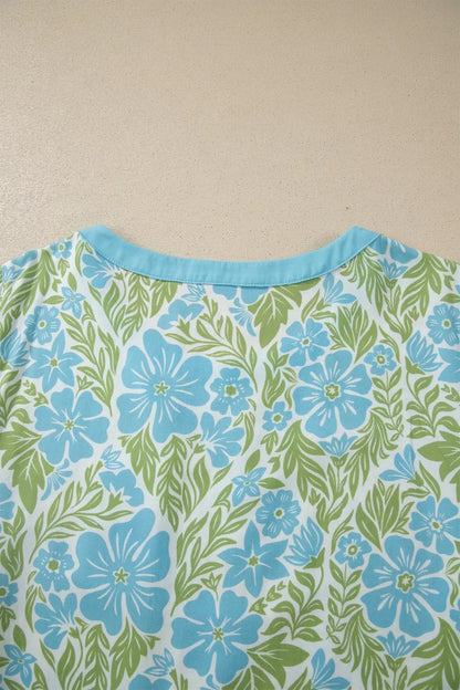 Floral Print Ruffled Color Block Trim Half Sleeve Blouse