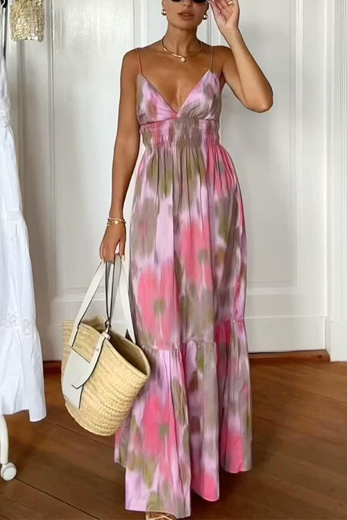 V Neck Open Back High Waist Tie Dye Maxi Vacation Dress Tie Dye