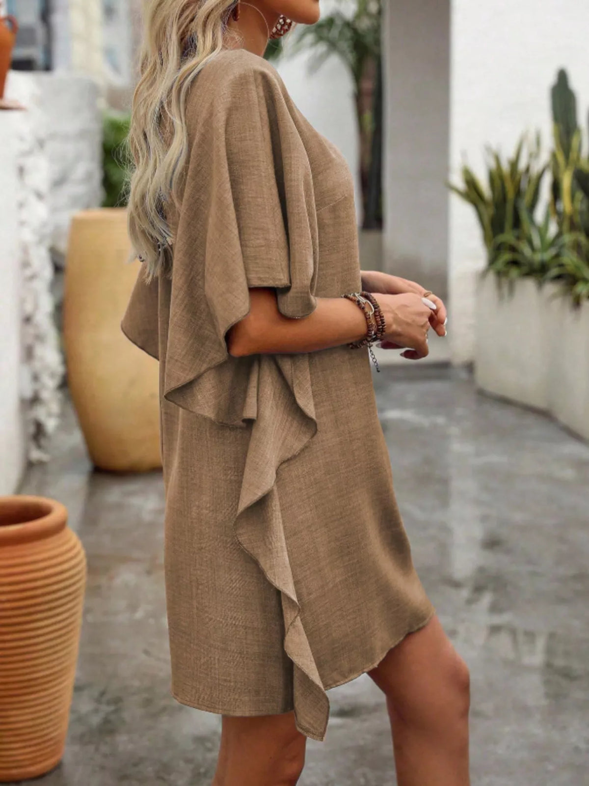 Flowy Sleeve V-Neck Casual Mini Dress
