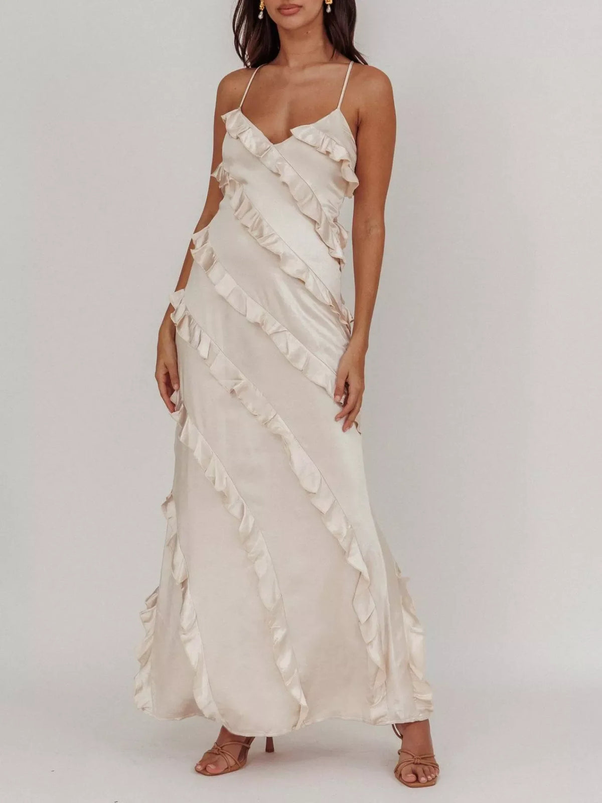Spaghetti Strap Ruffled Maxi Dress for Women | Flowy Summer Dress with Zipper | Elegant Vacation & Evening Dress