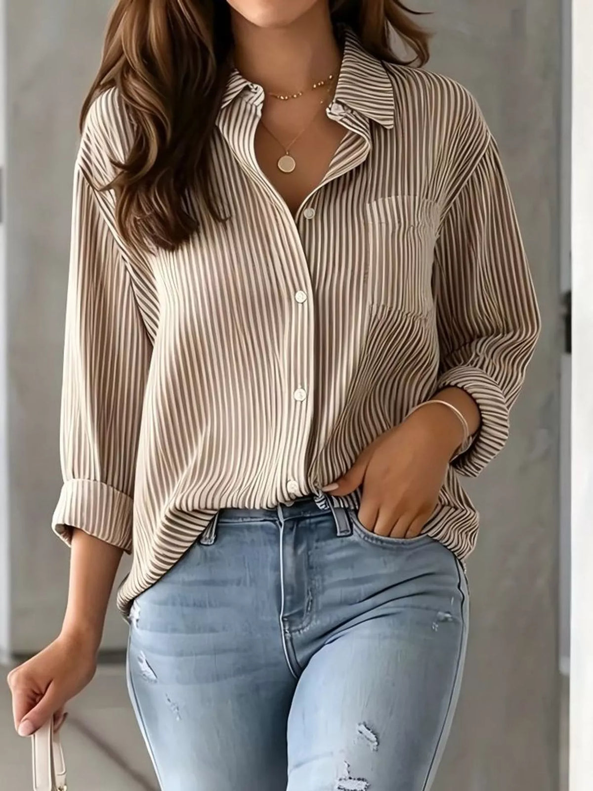 Full Size Striped Button-Down Long Sleeve Shirt Plus Size