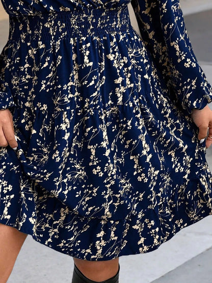 Full Size Floral Print Smocked Waist Long Sleeve Mini Dress Plus Size