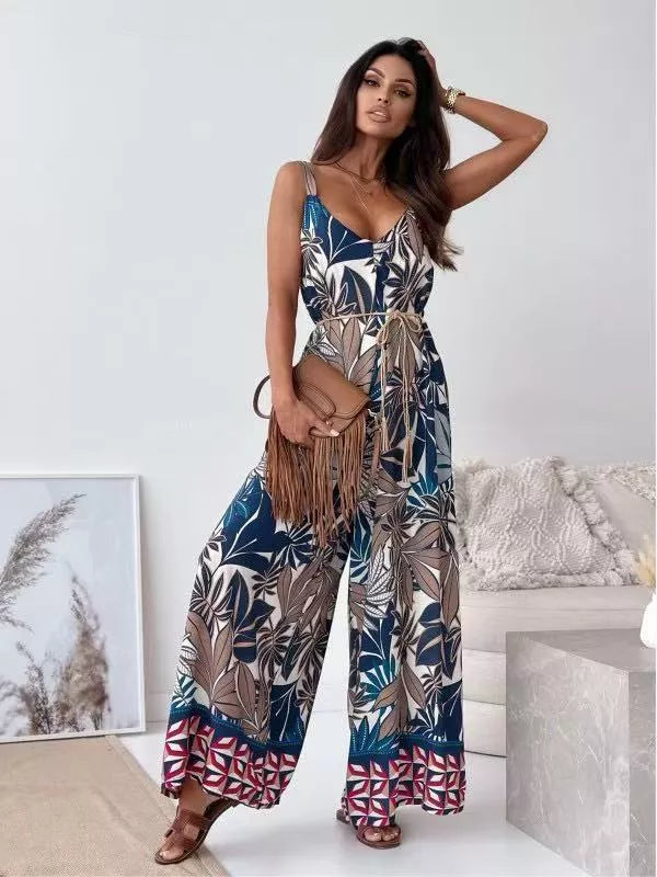 Printed Spaghetti Strap Wide-Leg Jumpsuit