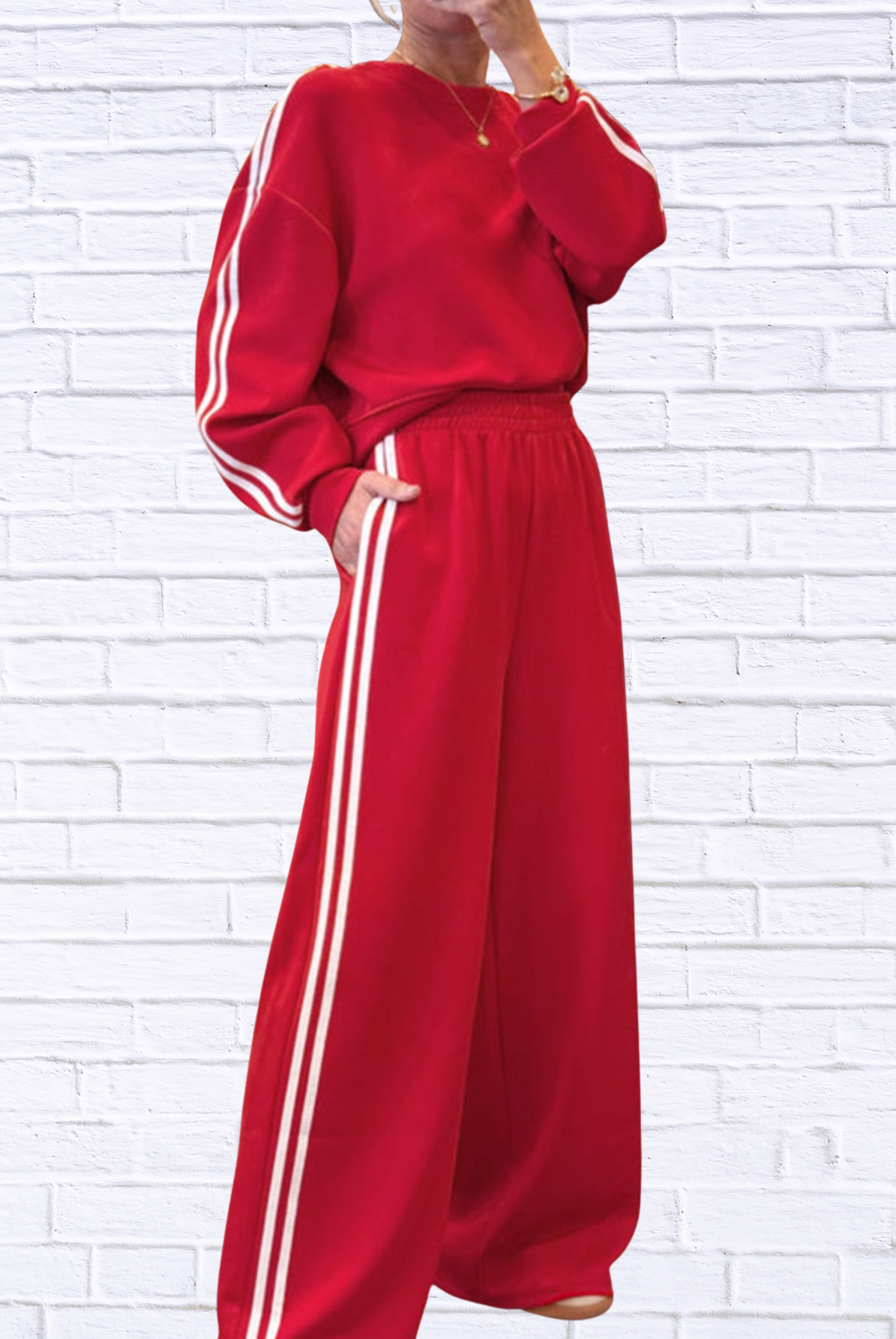 Striped Detail Crewneck Top and Elastic Sweatpants 2pcs Set Deep Rose