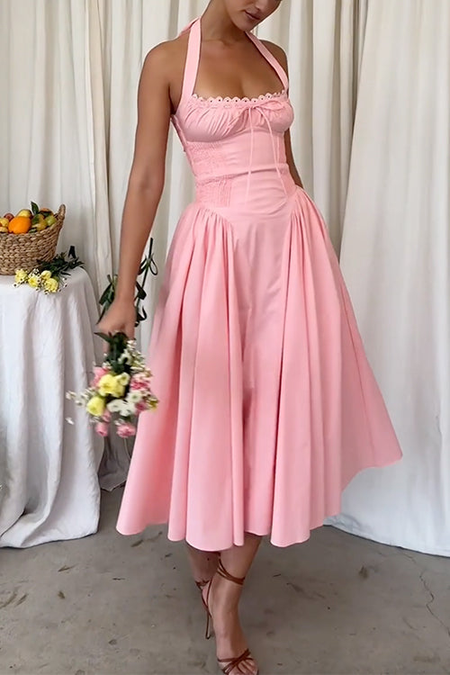 Halter Backless Lace-up Swing Midi Sundress