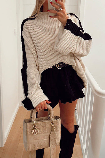 Turtleneck Color Block Ribbed Knit Loose Sweater White