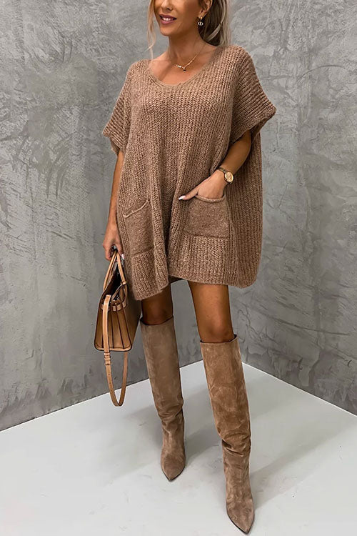 Oversized V Neck Short Sleeves Pocketed Poncho Sweater Coffee