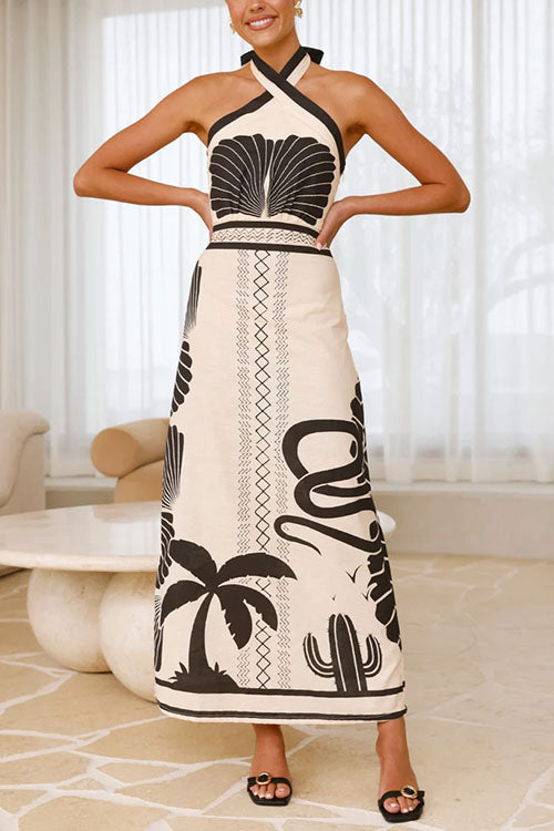 Palm Canyon Print Criss Cross Halter Maxi Dress