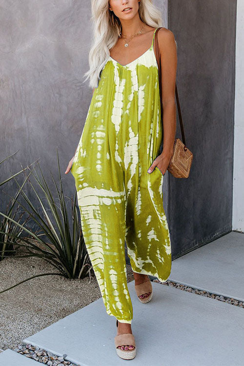 Scoop Neck Pocketed Tie Dye Wide Leg Cami Jumpsuit Yellow
