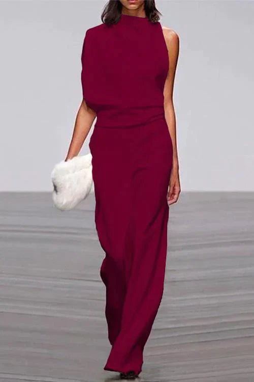Cowl Neck One Shoulder Batwing Sleeve Party Suit Burgundy