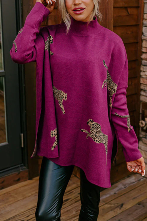 High Neck Side Slit Cheetah Pattern Sweater
