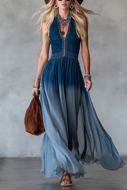 V-neck Denim Patchwork Chiffon Sleeveless Maxi Dress