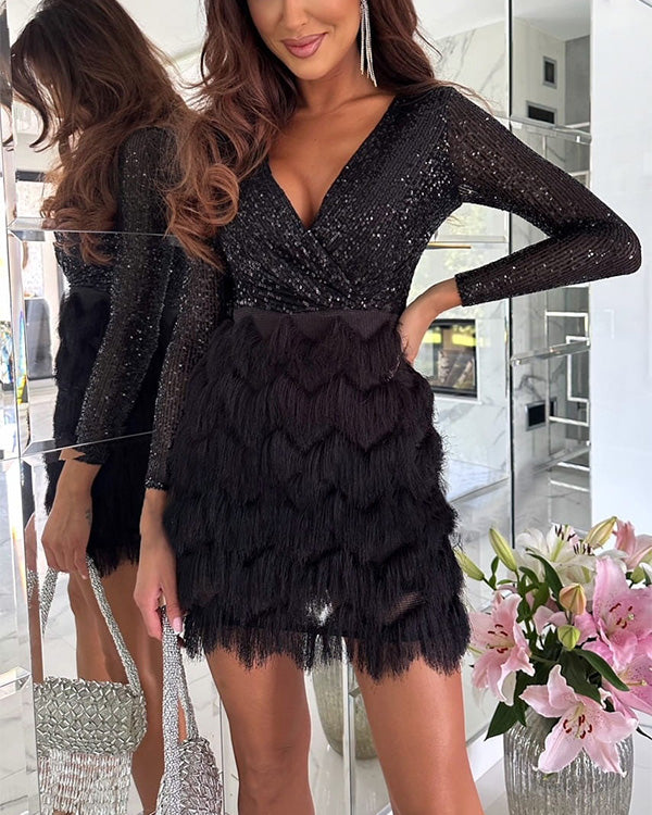 Clidress V Neck Sequins Tassels Mini Party Dress