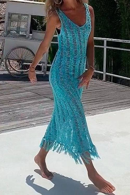 Hollow Out Sleeveless Tassel Beach Cover Up Dress Blue