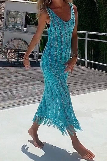 Hollow Out Sleeveless Tassel Beach Cover Up Dress Blue