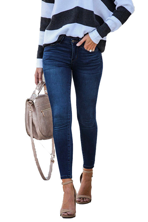Stretchy Mid Rise Skinny Denim Pants DeepBlue