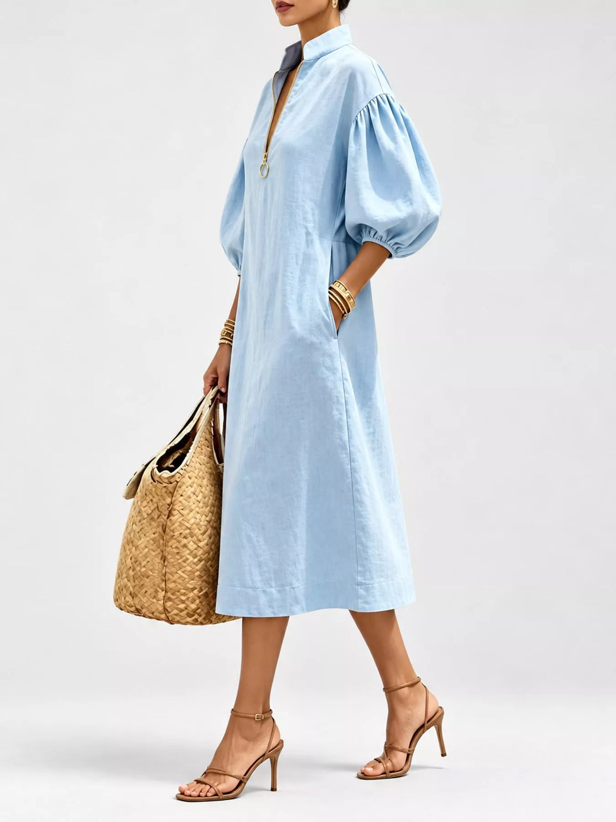 Half-Zip Puff Sleeve Midi Dress