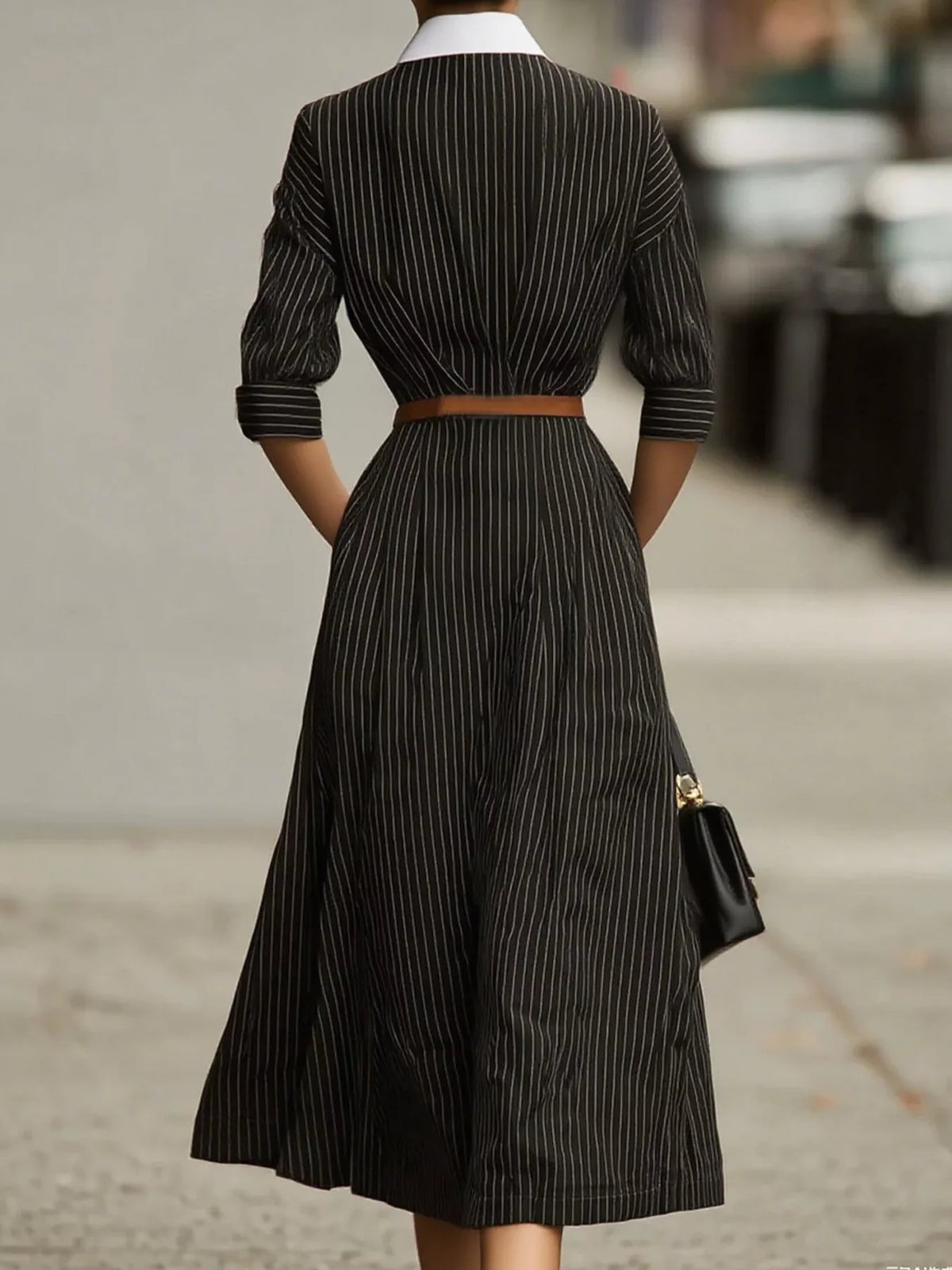 Striped Collared Neck Midi Dress