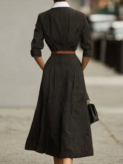 Striped Collared Neck Midi Dress