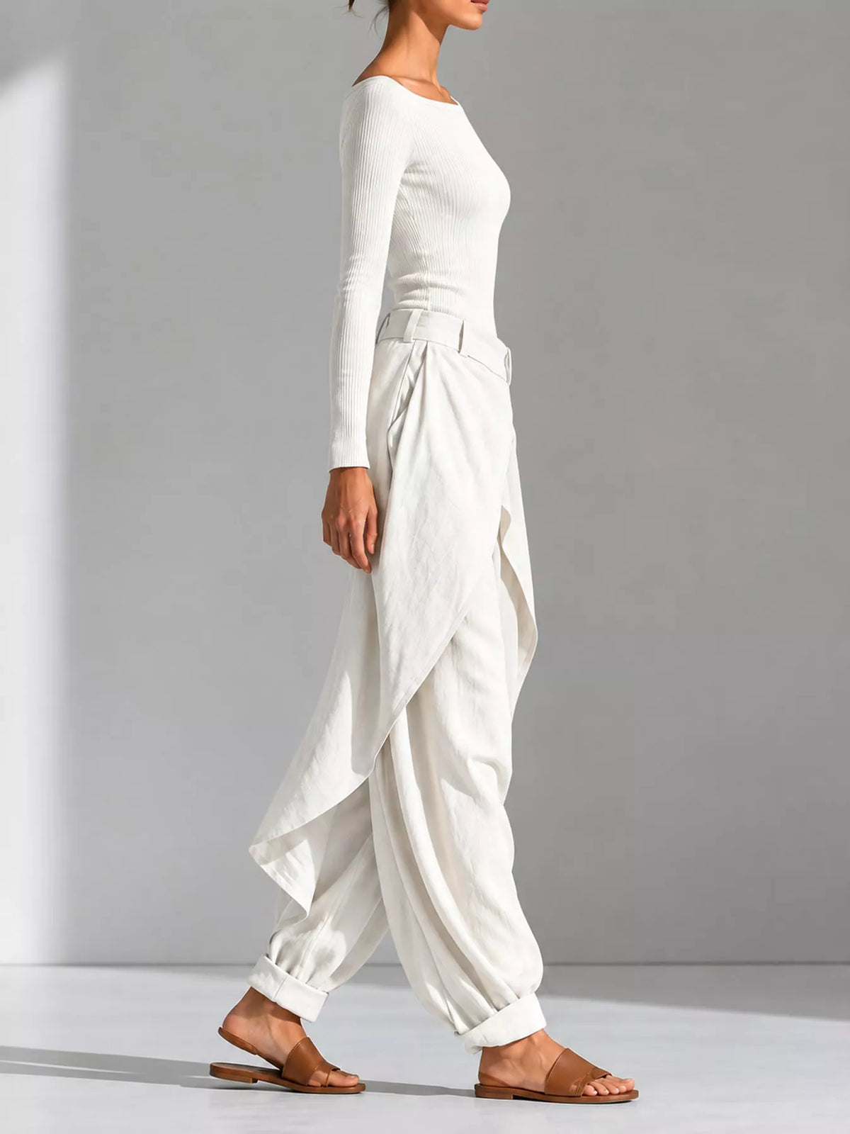 Boat Neck Long-Sleeve Top and Wrap Wide-Leg Pant Set