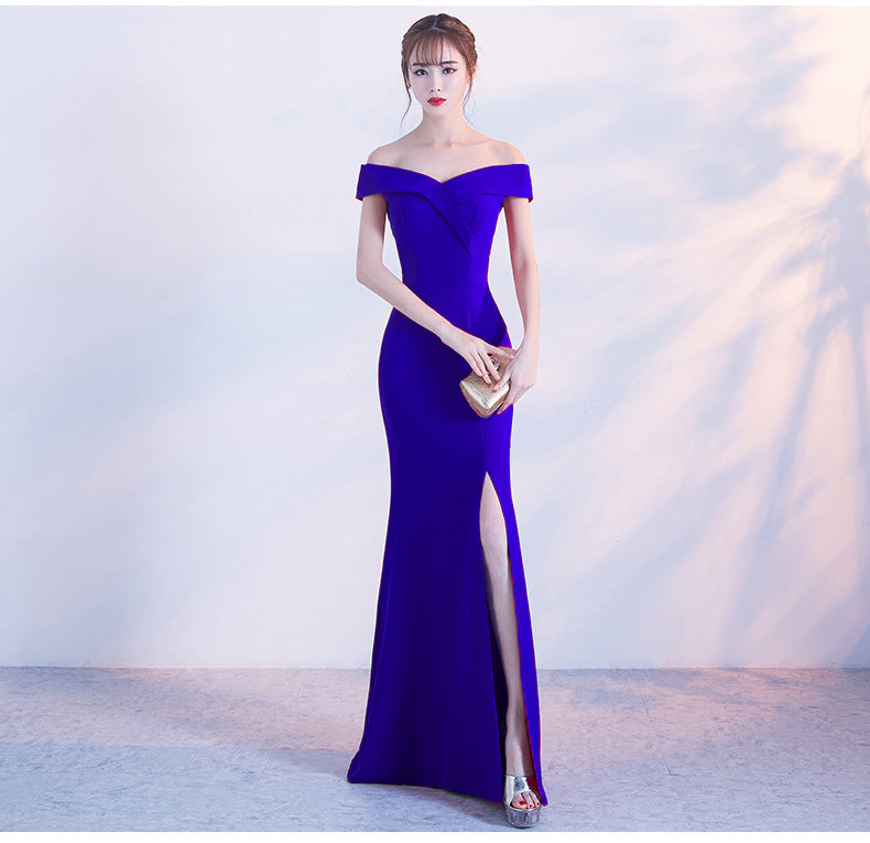 Off Shoulder Solid High Slit Gown royal blue