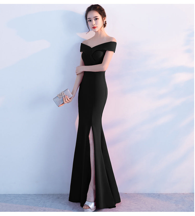 Off Shoulder Solid High Slit Gown Black