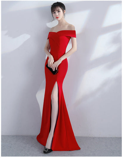 Off Shoulder Solid High Slit Gown Red