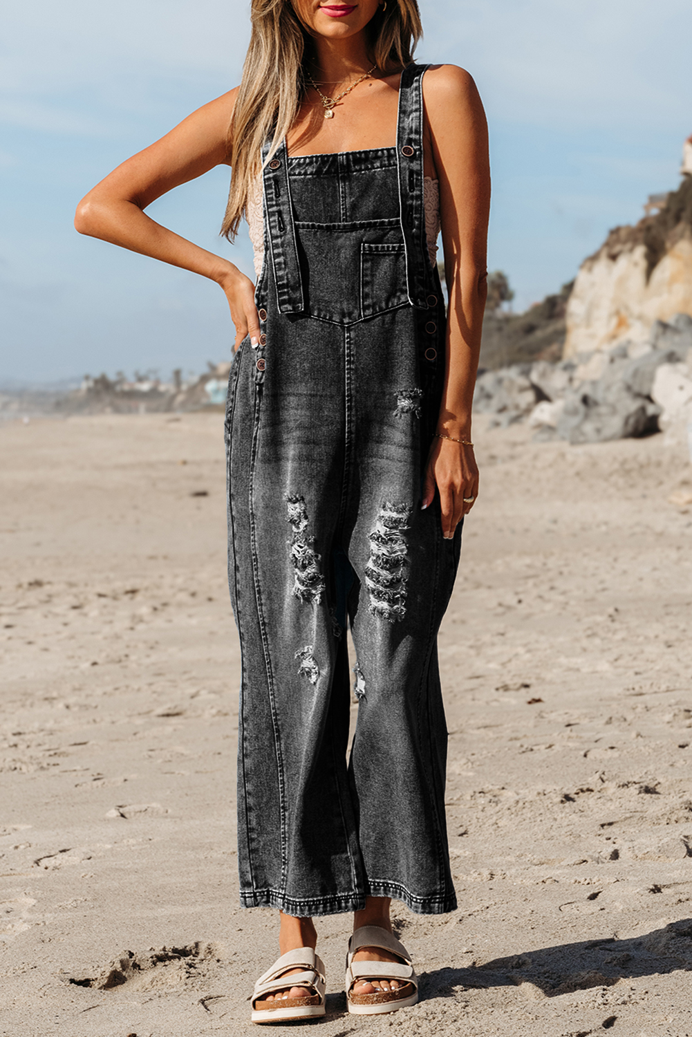 Stone Blue Distressed Bib Pocket Wide Leg Denim Overall