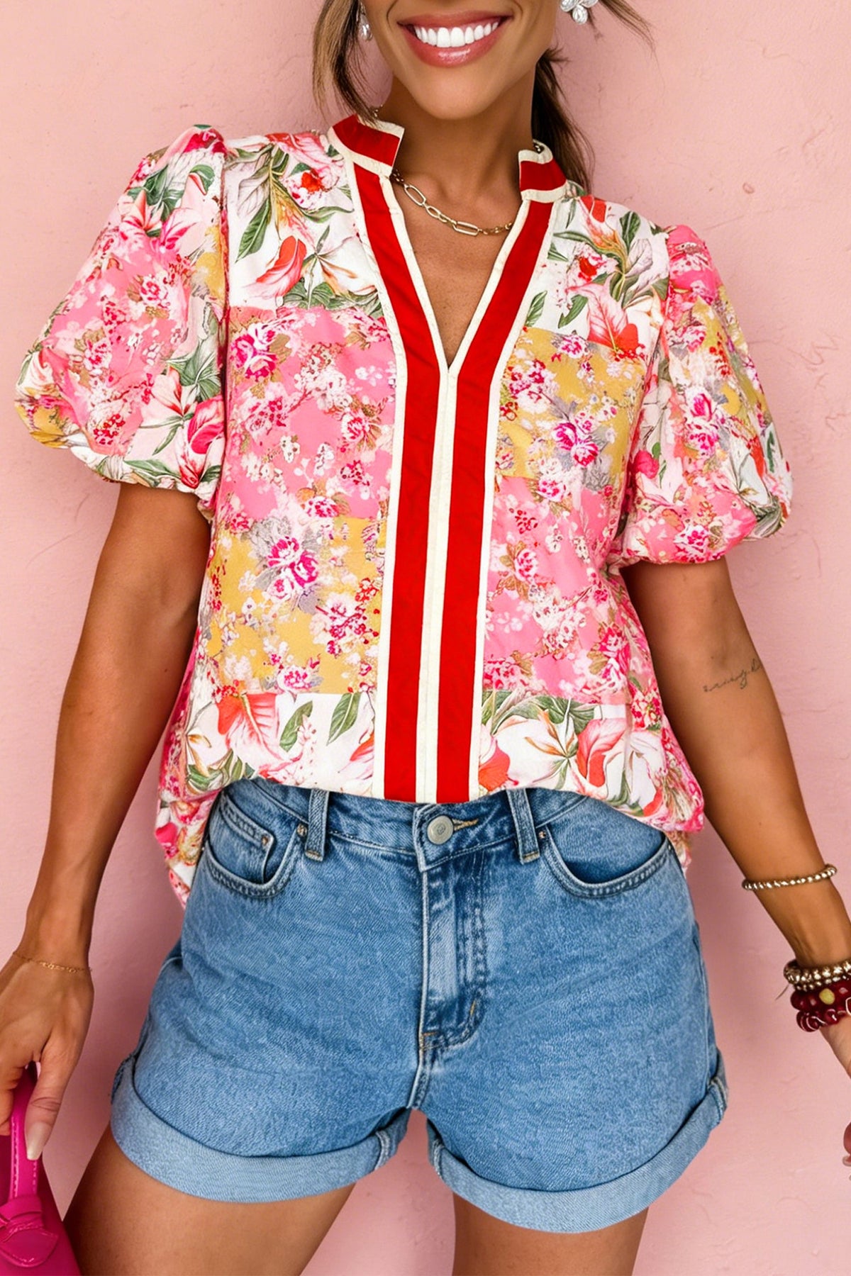 Pink Contrast Collared V Neck Short Sleeve Floral Blouse