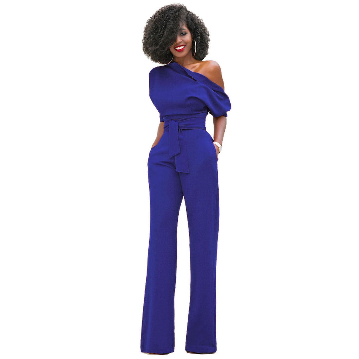Solid Color Wide Leg Jumpsuit Blue