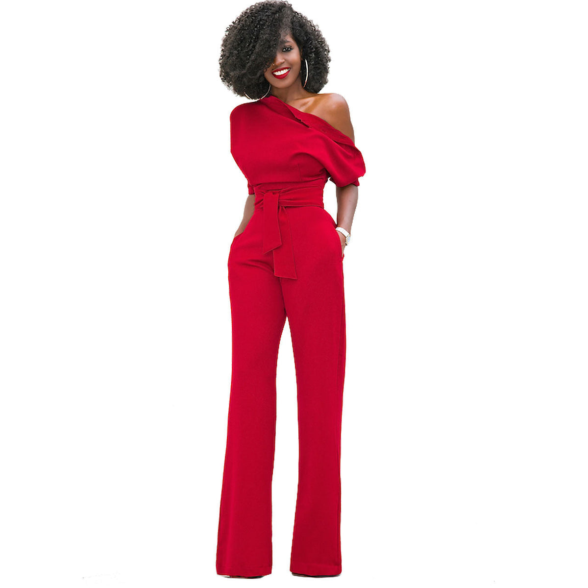 Solid Color Wide Leg Jumpsuit Red
