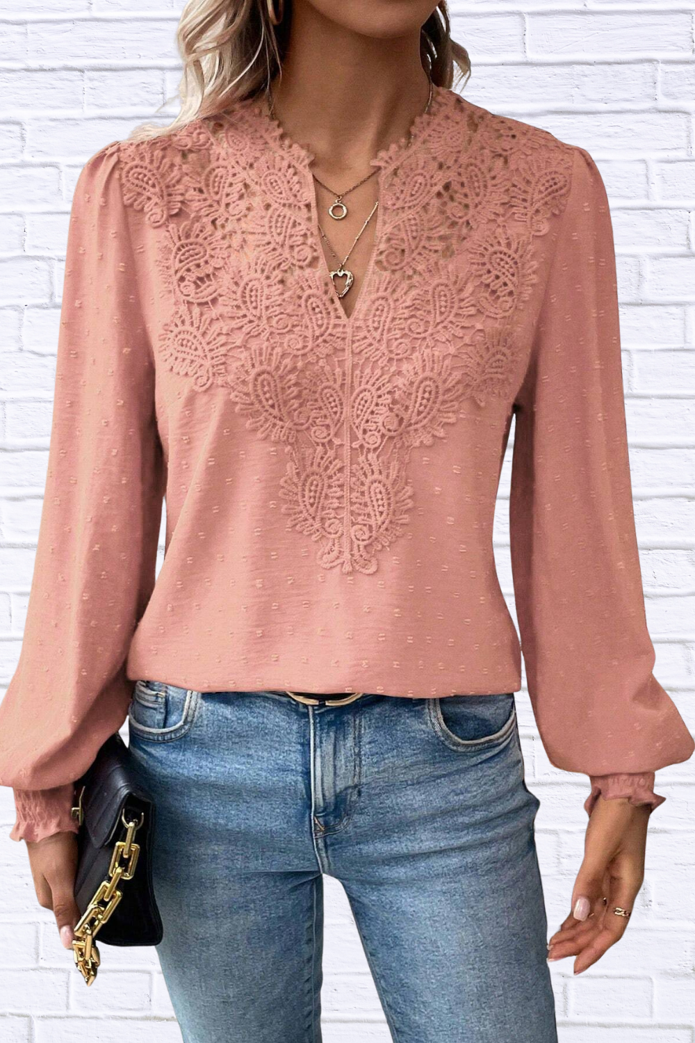 Swiss Dot Lace Detail Long Sleeve Blouse Dusty Pink M