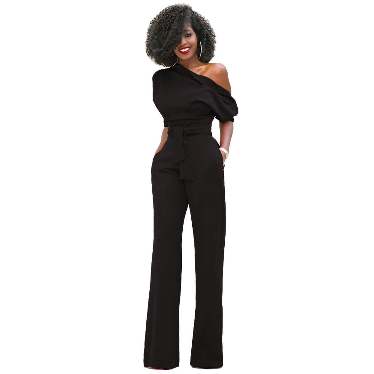 Solid Color Wide Leg Jumpsuit Black