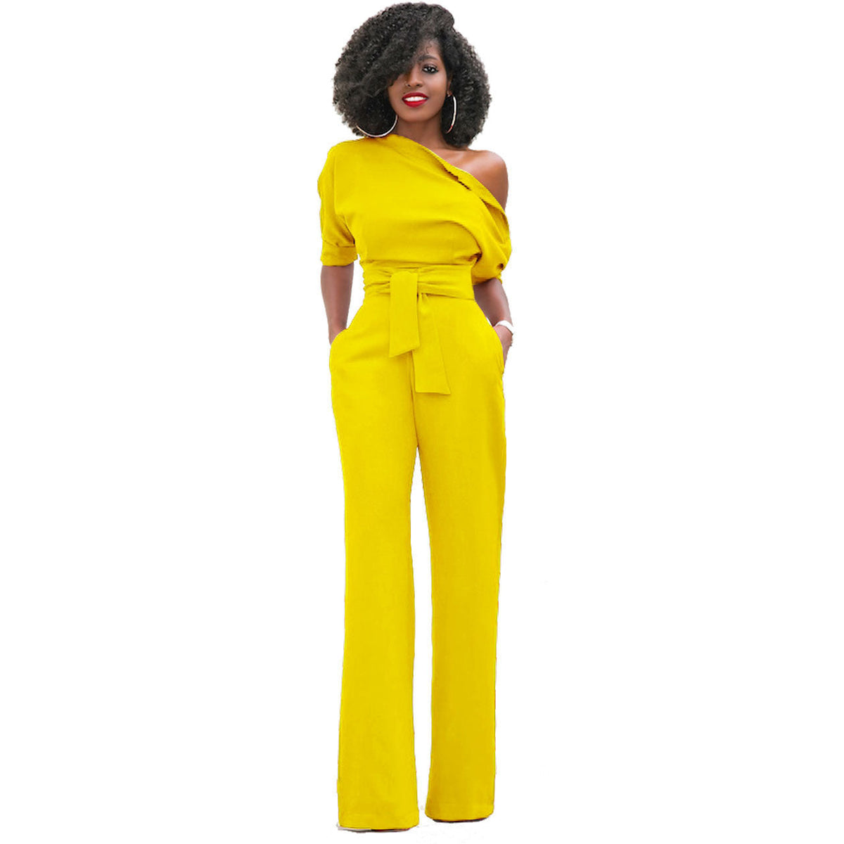 Solid Color Wide Leg Jumpsuit Yellow
