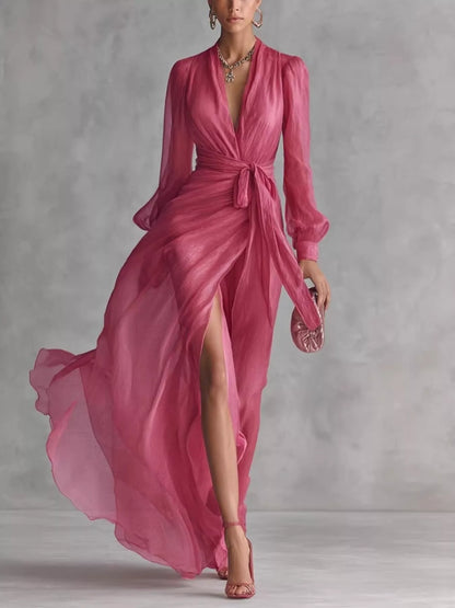 Long Sleeve Chiffon Wrap Maxi Dress with High Slit