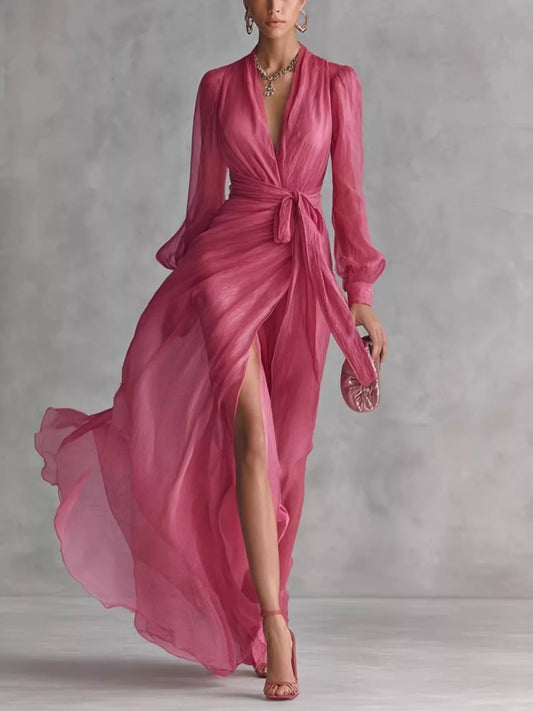 Long Sleeve Chiffon Wrap Maxi Dress with High Slit